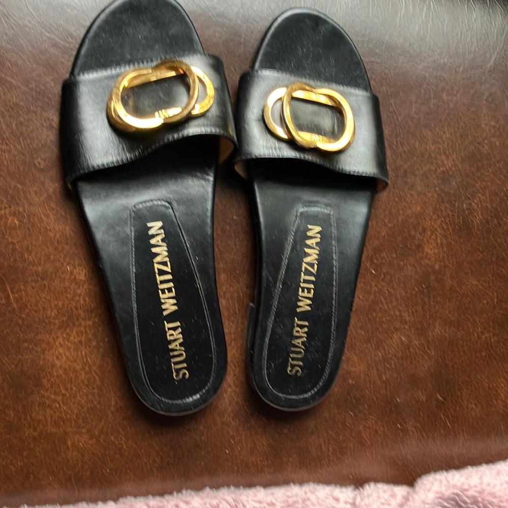 Black slides with gold embellishments